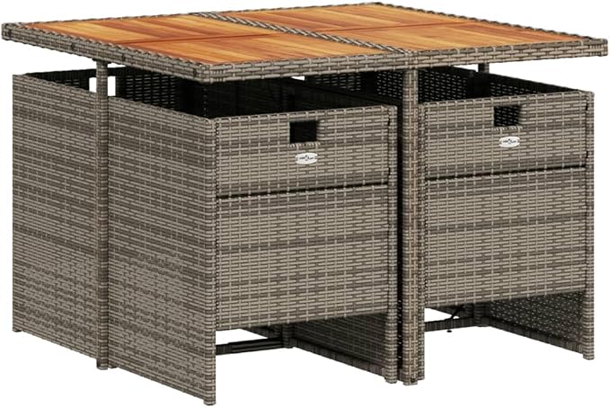 5 Piece Patio Dining Set with Cushions Gray Poly Rattan Outdoor Table and 4 Chairs Folding Backrest Acacia Wood Top Weather Resistant for Garden Backyard Deck Porch Entertaining Relaxing
