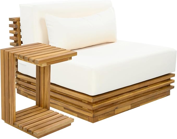 Christopher Knight Home Oversized Outdoor 2 Piece Chat Set Acacia Wood Patio Club Chair and Side Table Natural Finish Water Repellent Cushions Deep Seat Patio Furniture Set Beige