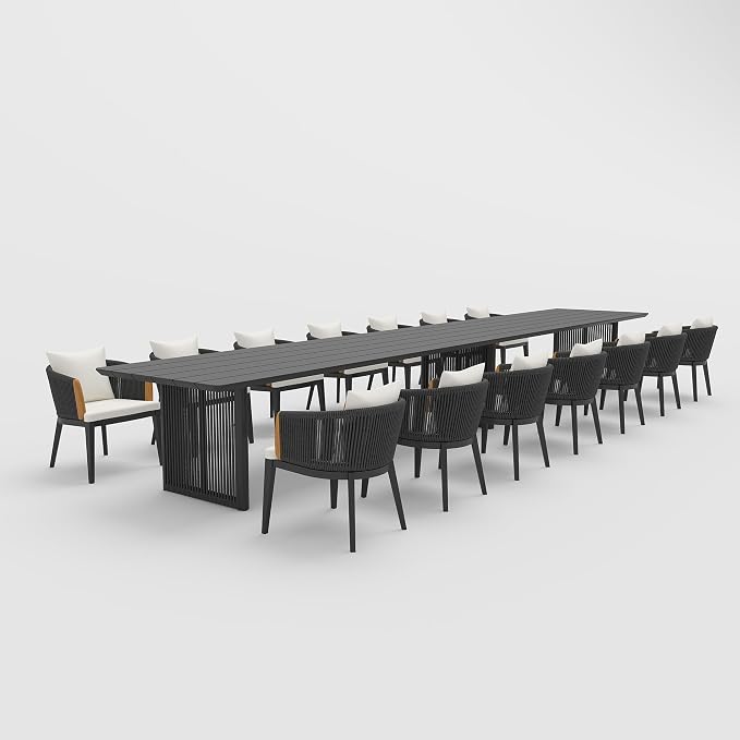 PURPLE LEAF 15 Pieces Outdoor Dining Set for 14, Aluminum Outdoor Patio Table and Chairs Set with Olefin Cushions, All-Weather Patio Dining Set for Garden or Deck, Grey