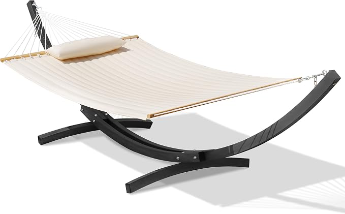 Lazy Daze Hammocks 12 FT 2 Person Double Quilted Hammock with Curved Steel Heavy Duty Stand and Pillow for Outside, Backyard, Patio, 450 Lbs Capacity, Cream