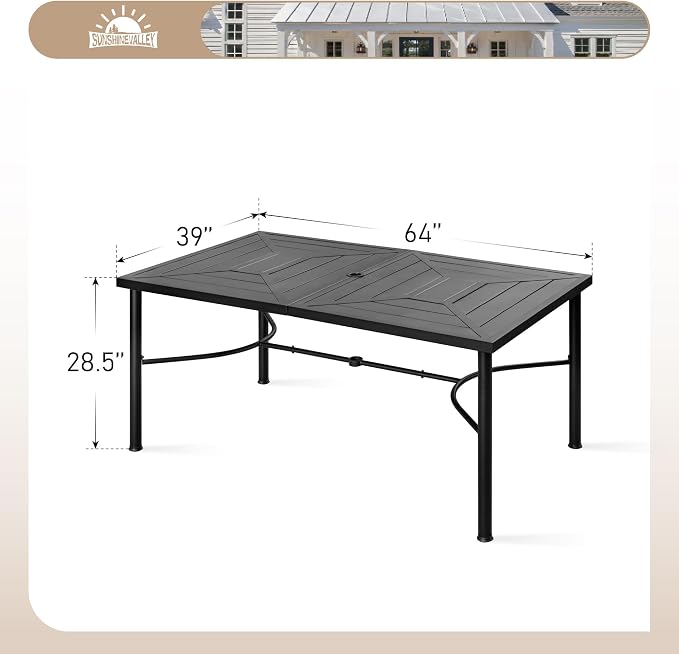 SUNSHINE VALLEY 64" x 39" x28.5" Patio Dining Table ，Rectangular Steel Outdoor Dining Table for Garden Backyard Lawn Yard Furniture, Steel Frame with 1.57" Umbrella Hole
