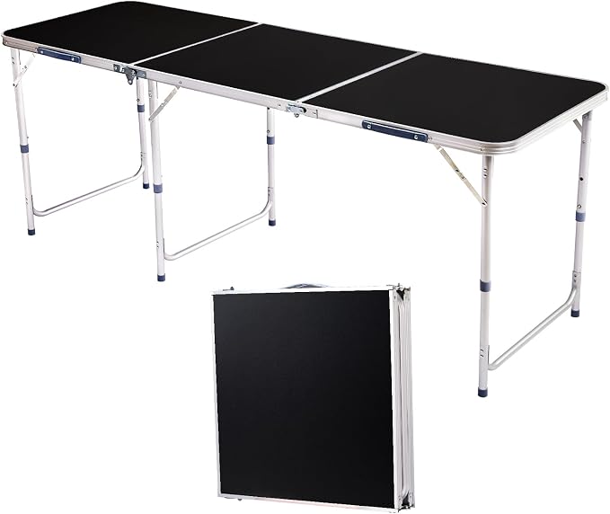 6 Ft Folding Portable Camping Table, Tri-fold Outdoor Picnic Table, Outdoor Camping Kitchen, BBQ, Picnic, Cooking, Beach, Garden, Party (Black)