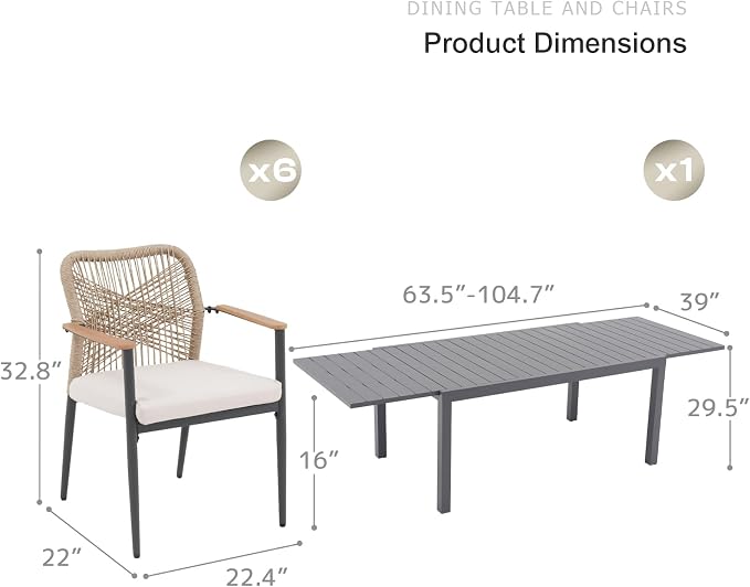 SUNSITT 7 Piece Outdoor Patio Dining Set, 63" - 105" Aluminum Expandable Outdoor Dining Table and 8 Woven Wicker Patio Chairs w/WPC Armrests for Garden, Dark Grey