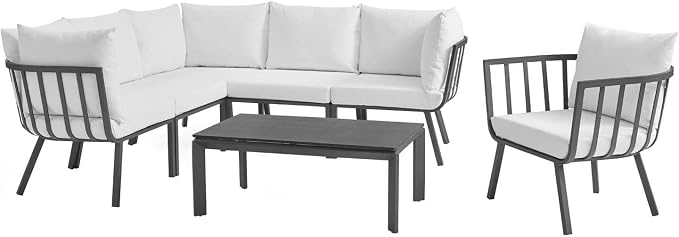 Modway Riverside 7 Piece Outdoor Patio Aluminum Set, 85.5 x 114 x 28, Gray White