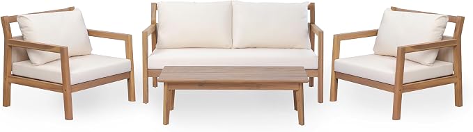 Christopher Knight Home Pablo 4-Seater Patio Furniture Set with Removable Cushion, 4 Piece Outdoor Acacia Wood Conversation Set, Wooden Outdoor Sectional Sofa Set with Coffee Table,Light Teak+Beige
