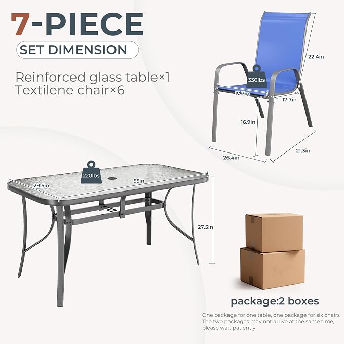 TLSUNNY 7 Pieces Patio Dining Set, Outdoor Table and Chairs W/1.69″ Umbrella Hole, 30"X 55" Table and Stackable Textilene Chair, All Weather Patio Furniture Set (Umbrella not Included) (Navy Blue)