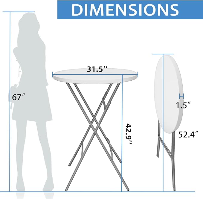 32in Cocktail Table, Plastic Folding Round High Top Indoor Outdoor Use, Foldable Bar Height Table for Parties and Commercial Events (White)