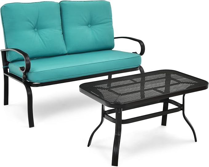 RELAX4LIFE Patio Loveseat with Coffee Table - 2-Piece Patio Conversation Sofa Set w/Backrest & Cushions, Modern Outdoor Glider Bench for Garden, Backyard, Poolside, Metal Porch Furniture (Turquoise)
