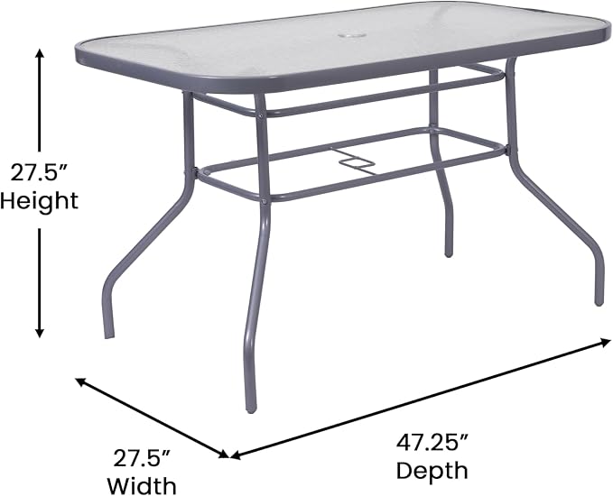 EMMA + OLIVER Tala Patio Dining Table - Silver Metal Frame - 31.5" x 55" Square Tempered Glass Top - Umbrella Hole - Suitable for Indoor/Outdoor Use