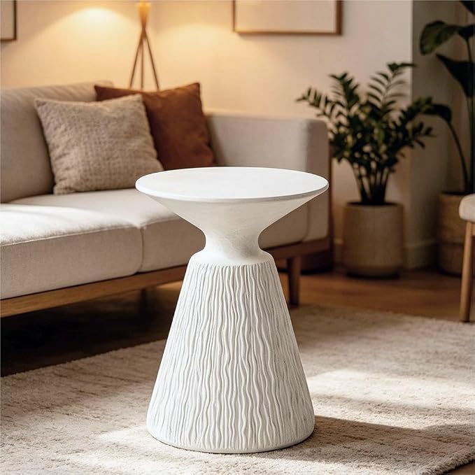 SUNBURY Outdoor Side Table, Concrete End Table Mushroom Shaped, Round Outdoor Accent Table Marble Planter Stand, Decorative Garden Stool for Patio, Porch, Living Room, White
