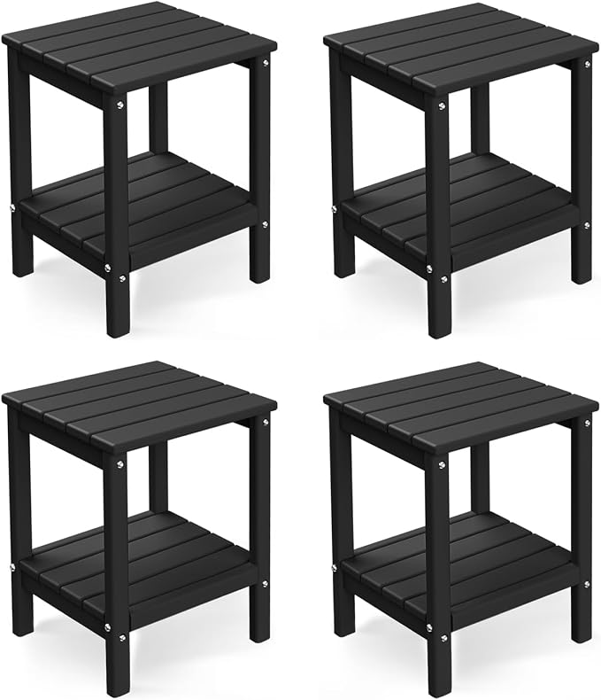 BRIOPAWS Outdoor-Side-Tables | Set of 4 | Small | HDPE Plastic | Patio End-Table | 2-Shelf Adirondack Outside Tables | All Weather | for Poolside Front Porch Indoor Living Room | 14" x 13" | Black