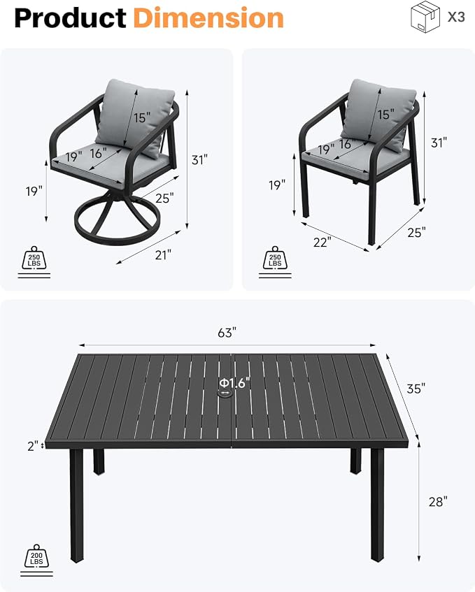 7 Pieces Outdoor Dining Set, Never-Rust Aluminum Patio Swivel Dining Set for 6, Outdoor Furniture Set with 2 Swivel Chairs, 4 Dining Chairs, Patio Table Set for Commercial, Deck, Garden, Black