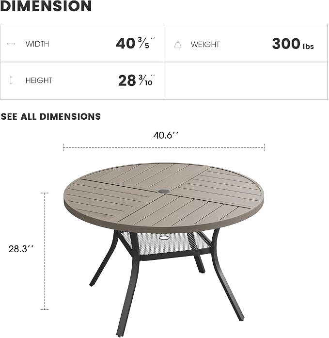 Patio Dining Table for 4, Round Metal Outdoor Table with Storage Shelf, 1.57" Umbrella Hole, 41" Outdoor Quartered Tabletop Dining Table for Backyard, Porch, Lawn, Grey