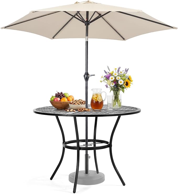 VINGLI 42" Round Outdoor Dining Table with Patio Umbrella - Heavy-Duty Iron Patio Table with Push-Button Umbrella for Patio, Deck, Backyard (Table with Umbrella)