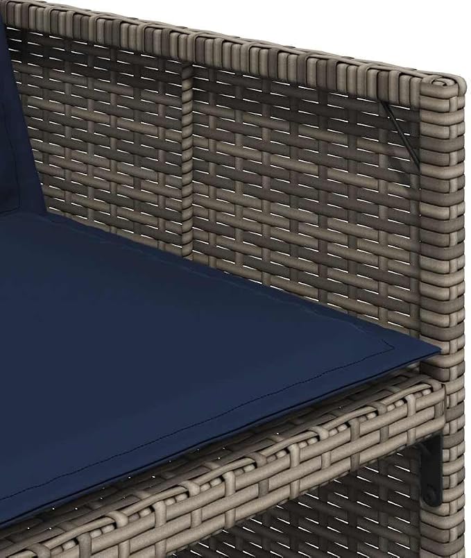15 Piece Garden Dining Set with Cushions Grey Poly Rattan Outdoor Patio Furniture Set with 10 Folding Chairs Storage Stool Tempered Glass Table UV Resistant Max Load 110 kg Navy Blue