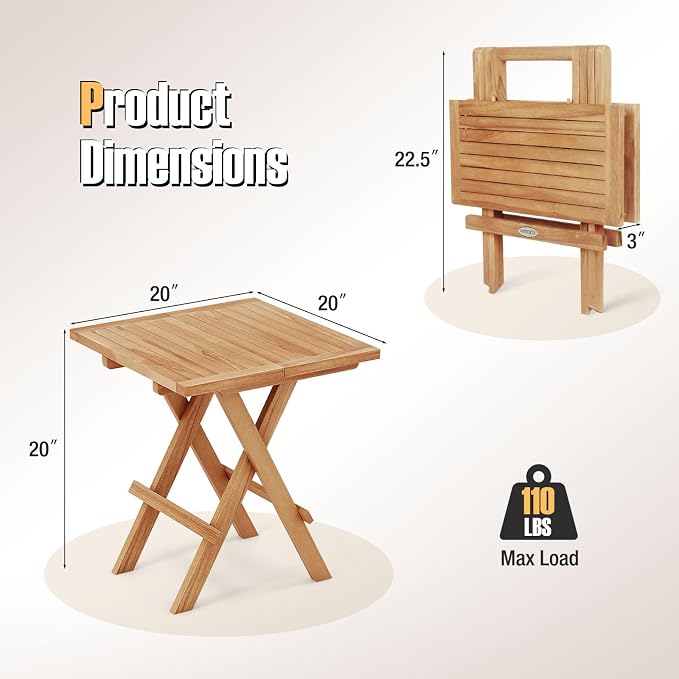 RELAX4LIFE Folding Outdoor Side Table - Set of 2 Teak Wood End Table, Square Coffee Bistro Table w/Slatted Tabletop, Portable Picnic Camp Table for Poolside Porch Garden, Foldable Small Patio Table