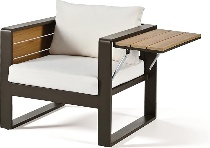 4-Piece Aluminum Frame Outdoor Patio Furniture Set for 5 Person, 3-Seater Sofa, 2 Armchairs with Fold-Out Side Tables, Modern Garden/Patio Seating, All-Weather Use, Beige Cushions