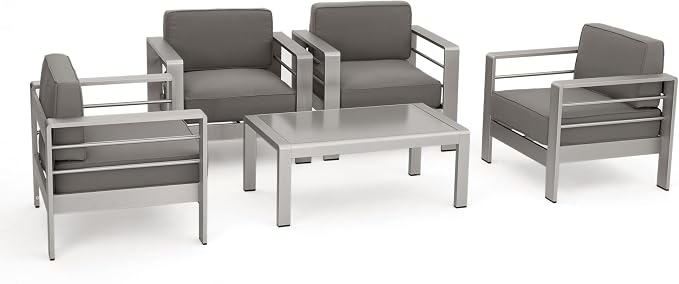 Christopher Knight Home Crested Bay Aluminum Patio Chat Set, 5-Pcs Set, Khaki / Silver