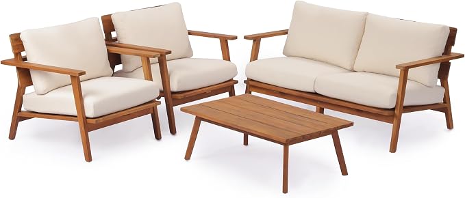 KLMM 4-Piece Mid-Century Modern Acacia Wood Patio Seating Set,Outdoor Conversation Set with Loveseat,Club Chairs & Slatted Coffee Table,for Garden Backyard Poolside (Teak+ Beige-MC)