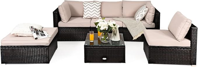 RELAX4LIFE 6-Piece Patio Sofa Set - Outdoor Sectional Sofa Set Wicker Conversation Set w/Table & Removable Cushions, Modular Sofa Set Patio Furniture for Backyard, Poolside, Balcony (Beige)