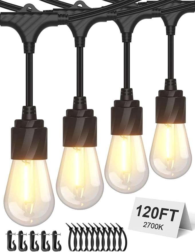 XMCOSY+ Outdoor String Lights, 120FT Patio Lights with 42 LED Bulbs | Waterproof commercial grade hanging lights for porch, backyard, gazebo, garden, outdoor decor