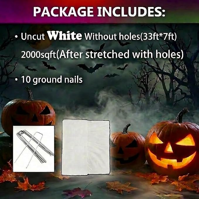 2000 Sqft （After Streched with Holes） Uncut Giant Spider Web Halloween Decorations Outdoor with 10 Ground Nails Stretchy Beef Cloth Netting Cut-Your-Own Flexible Elastic for Yard Party Decor