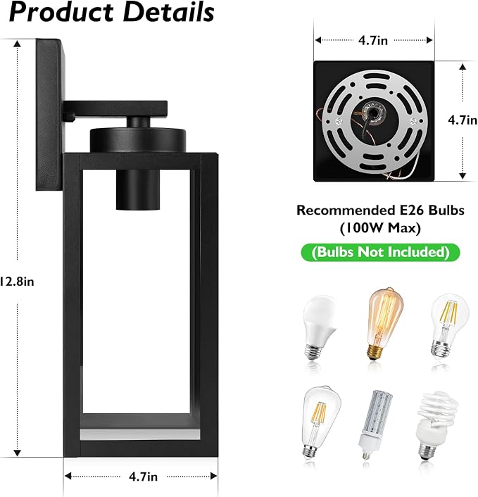 BesLowe Outdoor Wall Light Fixture, Modern Outside Porch Sconce, Black | Waterproof, Rust-Resistant, Durable Metal with Clear Glass, Standard E26 Socket, Easy to Install