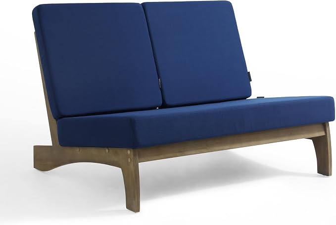 Outdoor Furniture Patio Couch, Weather Resistant Patio Loveseat Sofa Couch with Removable Cushion & Pillows, Teak Wood Frame for Porch & Backyard Seating - Navy