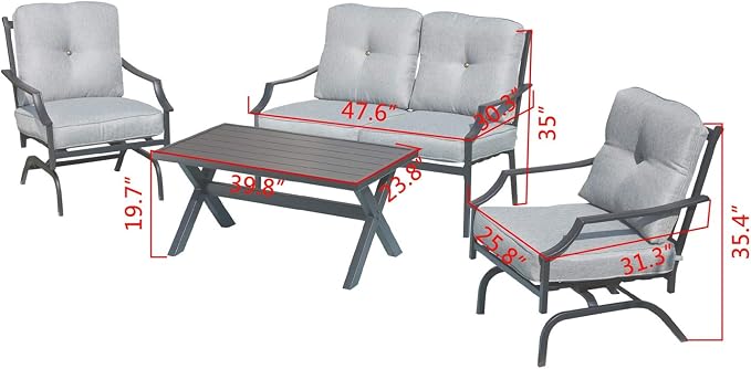 Patio Conversation Set Metal Outdoor Furniture Sets All Weather Cushioned Loveseat & 2 Rocking Chairs & 1 Coffee Table for Poolside Lawn Yard 4pcs