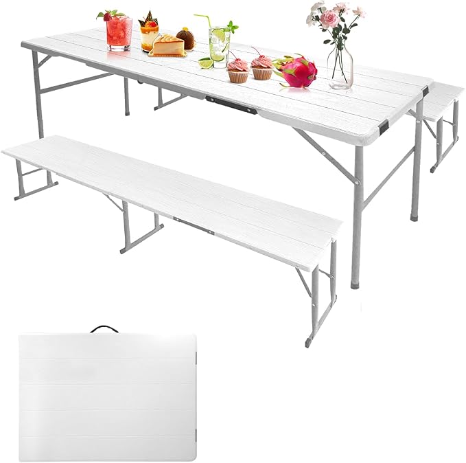 GUAGUA 6ft Picnic Folding Table with Benches, Foldable Portable Camping & Patio Table for Outdoor Dining, Beach, Tailgate, Backyard Parties(White)