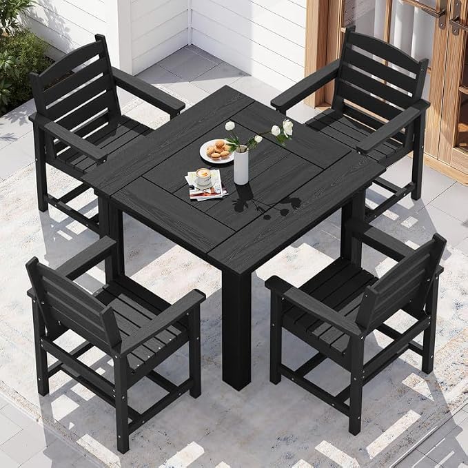 KINGYES HDPE Outdoor Dining Set for 4 with Umbrella, 6-Piece Square Patio Table & Armchairs, All-Weather for Backyard, Garden, Lawn & Poolside, Black