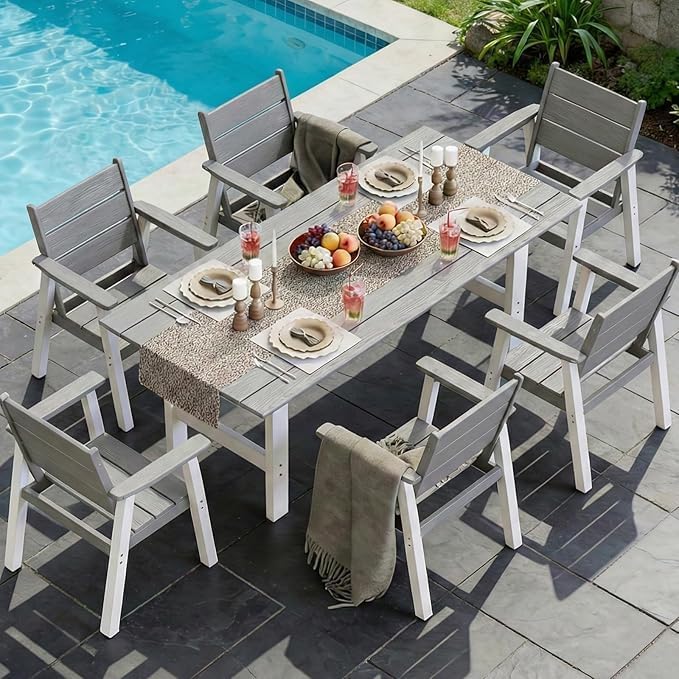 Outdoor Dining Chairs Set of 2,HDPE Patio Chairs with Wide Seat,Ergonomic Design Outdoor Furniture for Porch,Backyard,Deck,White and Grey