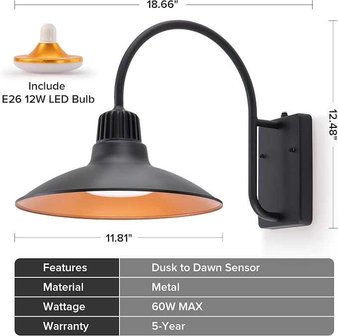 LUTEC Dusk to Dawn Wall Sconces Outdoor Gooseneck LED Barn Light Exterior Porch Wall Lighting Fixture, Anti-Rust Waterproof Vintage Wall Mount for House, Patio, Farmhouse, Garage