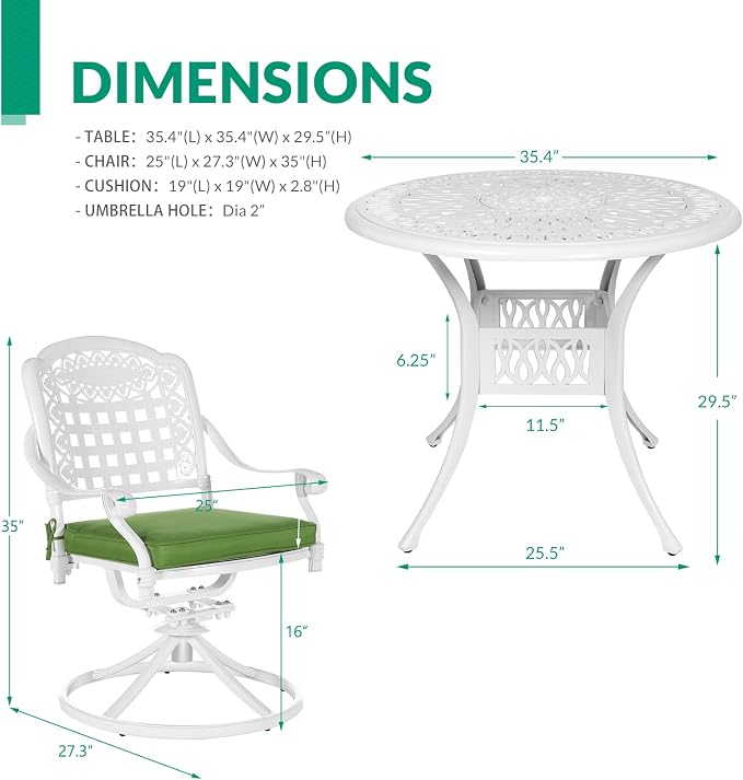 VIVIJASON 5-Piece Outdoor Patio Dining Set, All-Weather Cast Aluminum Conversation Set, Patio Furniture Set for Backyard, Include 4 Swivel Rocker Chairs, a 35.4" Round Table w/Umbrella Hole, White