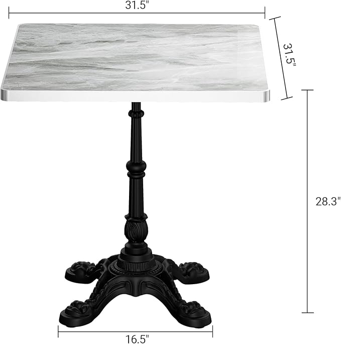 SSLine 31.5" Square Sintered Stone Dining Table, Grey Marble Top Bistro Table with Heavy-Duty Cast Iron Base, Waterproof Tulip Table for 2-4 Person,Indoor/Outdoor Use for Patio,Cafe,Restaurant