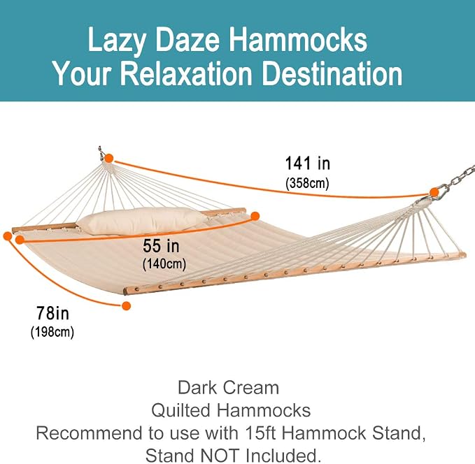 Lazy Daze Hammocks 2 Person Quilted Fabric Double Hammock with Spreader Bars and Detachable Pillow, 450lbs Capacity, Linen