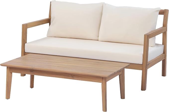 Christopher Knight Home Pablo 4-Seater Patio Furniture Set with Removable Cushion, 4 Piece Outdoor Acacia Wood Conversation Set, Wooden Outdoor Sectional Sofa Set with Coffee Table,Light Teak+Beige