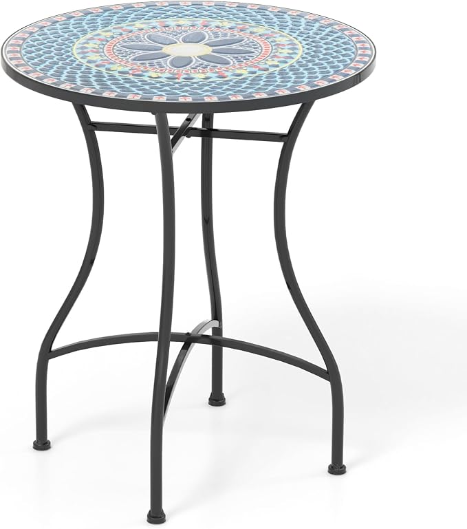 Giantex 24 Inch Patio Bistro Table, Mosaic Round Table w/Ceramic Tile Tabletop, Heavy-Duty Metal Structure, Outdoor Dining Table for Backyard, Garden, Porch (Multicolor (Floral Pattern))