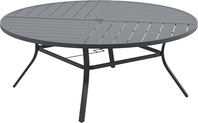 DIFY 63" Round Outdoor Patio Dining Table for 8-10, All-Weather Metal Steel Slatted Patio Table with 1.57" Adjustable Umbrella Hole for Garden, Backyard, Deck, Grey
