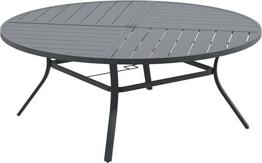 DIFY 63" Round Outdoor Patio Dining Table for 8-10, All-Weather Metal Steel Slatted Patio Table with 1.57" Adjustable Umbrella Hole for Garden, Backyard, Deck, Grey