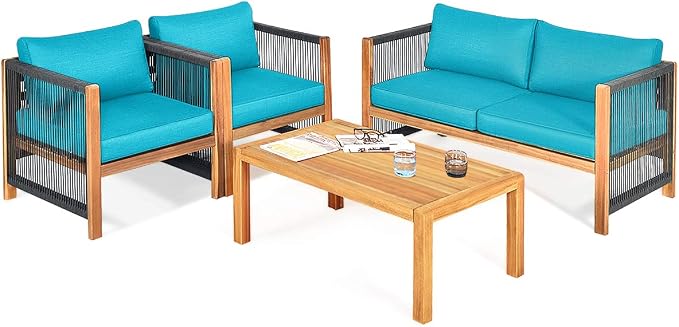 Tangkula Outdoor Wood Furniture Set, Acacia Wood Loveseat Sofa, 2 Single Chairs and Coffee Table, 4 Pieces Conversation Set with Cushions, Garden Balcony Poolside Outdoor Living Set (1, Turquoise)