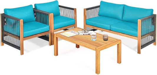Tangkula Outdoor Wood Furniture Set, Acacia Wood Loveseat Sofa, 2 Single Chairs and Coffee Table, 4 Pieces Conversation Set with Cushions, Garden Balcony Poolside Outdoor Living Set (1, Turquoise)