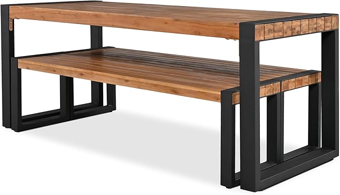 Acacia Wood Patio Dining Set, 3 Piece Outdoor Dining Set with Benches, Wood