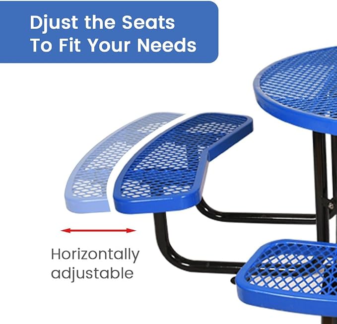 46" Round Metal Picnic Table for 4-8 Person, Durable Heavy Duty Commercial Picnic Table with Umbrella Hole for Outdoor Coffee Shop, School, Hospital, Easy to Install, Blue