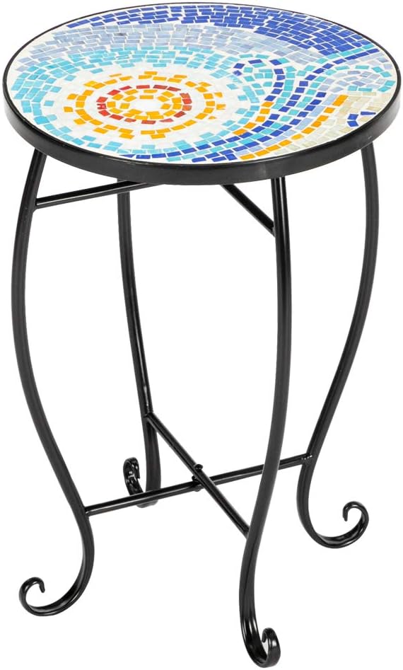 Mosaic Outdoor Side Table, 14inch Round Small Patio Accent Table Ottoman Mosaic Bistro Table Indoor End Table for Yard, Garden, Living Room, Bistro Balcony or Lawn (Sun, 14'')