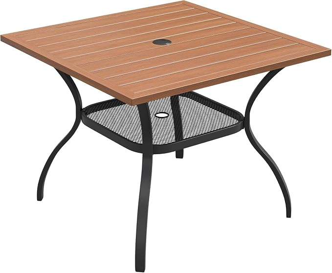 VICLLAX Outdoor Patio Dining Table for 4, Square Metal Table with Umbrella Hole and Storage Shelf for Garden, Lawn, Balcony, Deck, Walnut