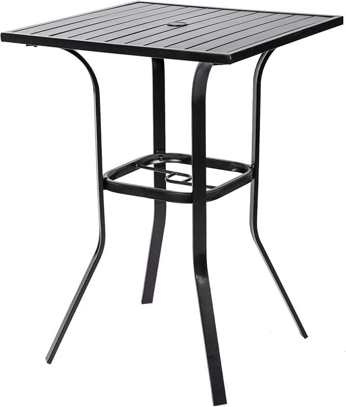 Patio Bar Table, Outdoor Bar Height Bistro Table with Umbrella Hole, Metal Frame and Slat Design (Black)