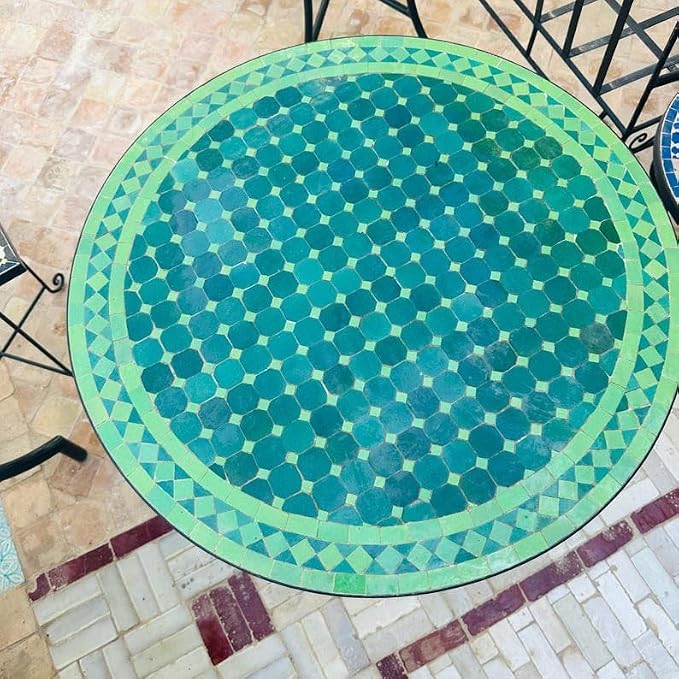 Amazing Mosaic Table, Round Green Zellij Tile Top, Handmade Patio Bistro Table, Mediterranean Garden Furniture, Outdoor Decor