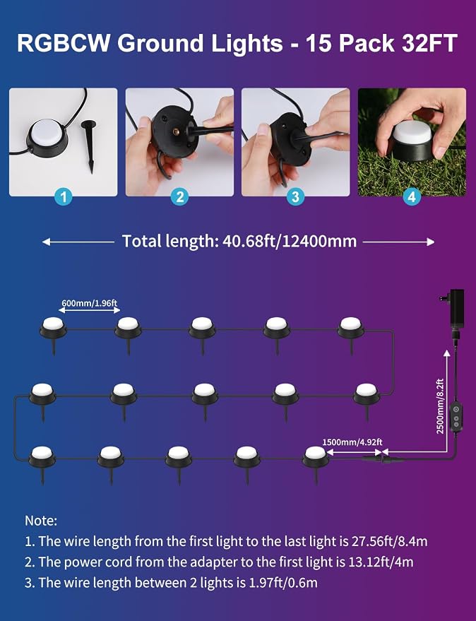 Outdoor Ground Lights 15 Pack, 32FT RGBCW Pathway Lights Wired | Color Changing Landscape Lights, 2200-6500K CCT, IP65 Waterproof, for Path Garden Lawn, Holiday/Party Decor, Alexa Compatible