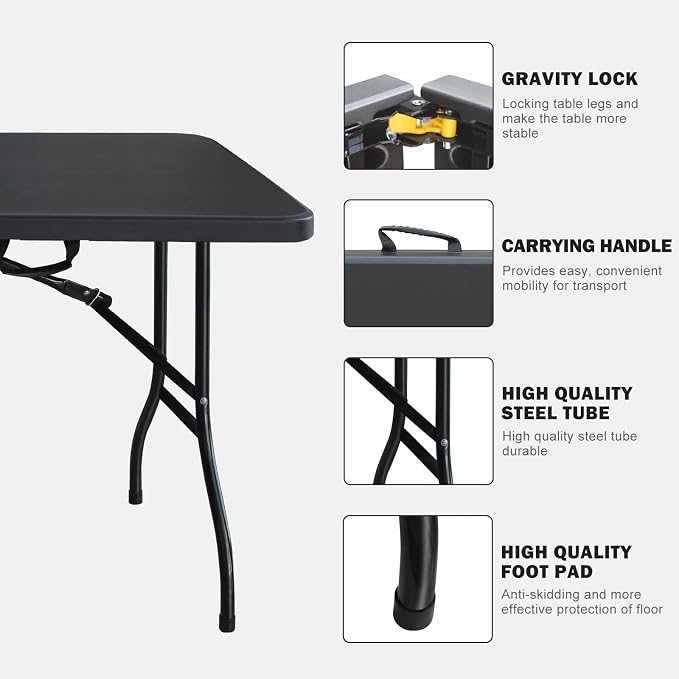 Anwick 6 Foot Folding Table Portable Fold-in-Half Plastic Picnic Table w/Handle and Steel Legs for Indoor, Outdoor, Camping, Party, Garden (Black, 6ft)